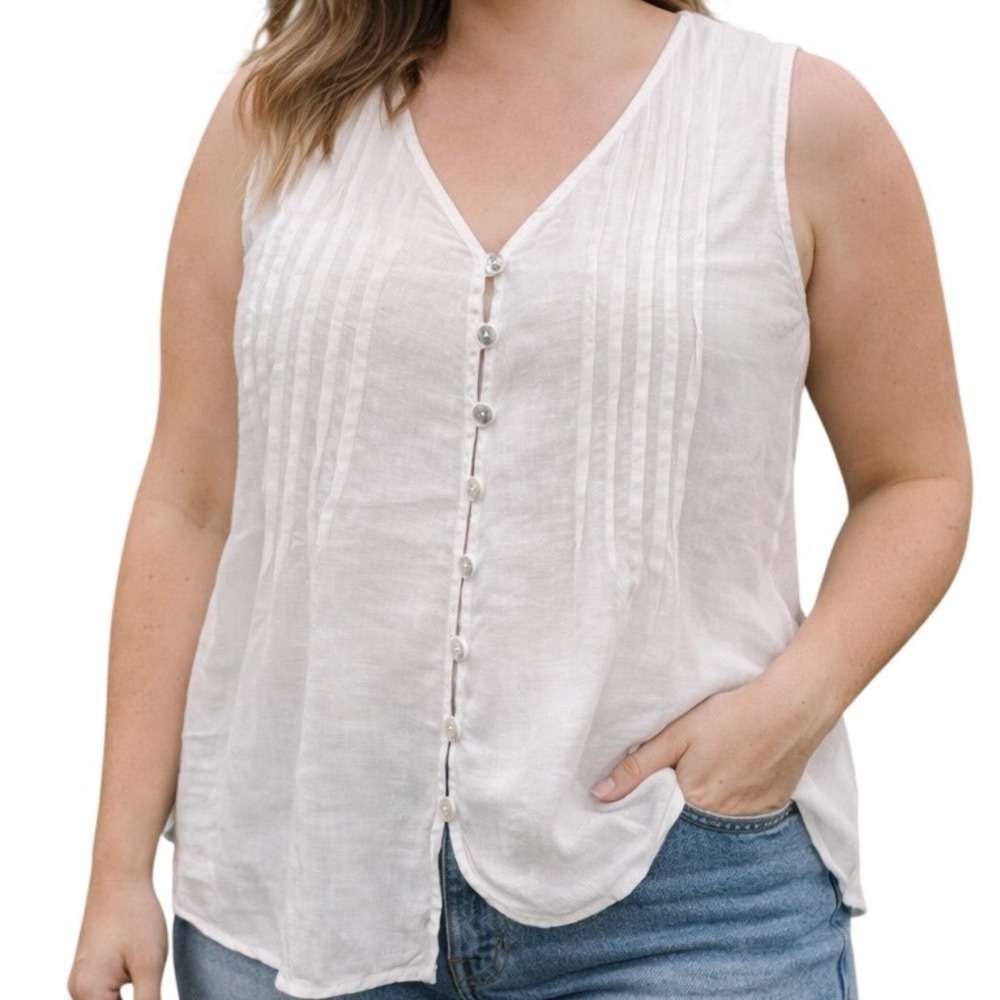 Martina Innocenti Women's Sleeveless V Neck Pleated Button Tank Top White Sz XL